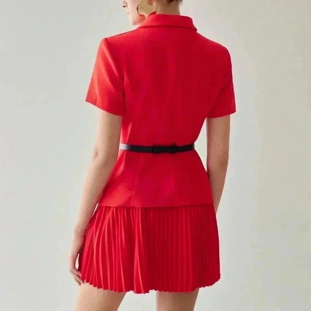 Red Elegant Women's Peak Collar Pleated Hem Double Breasted Placket Mini Dress - Picture 6 of 7
